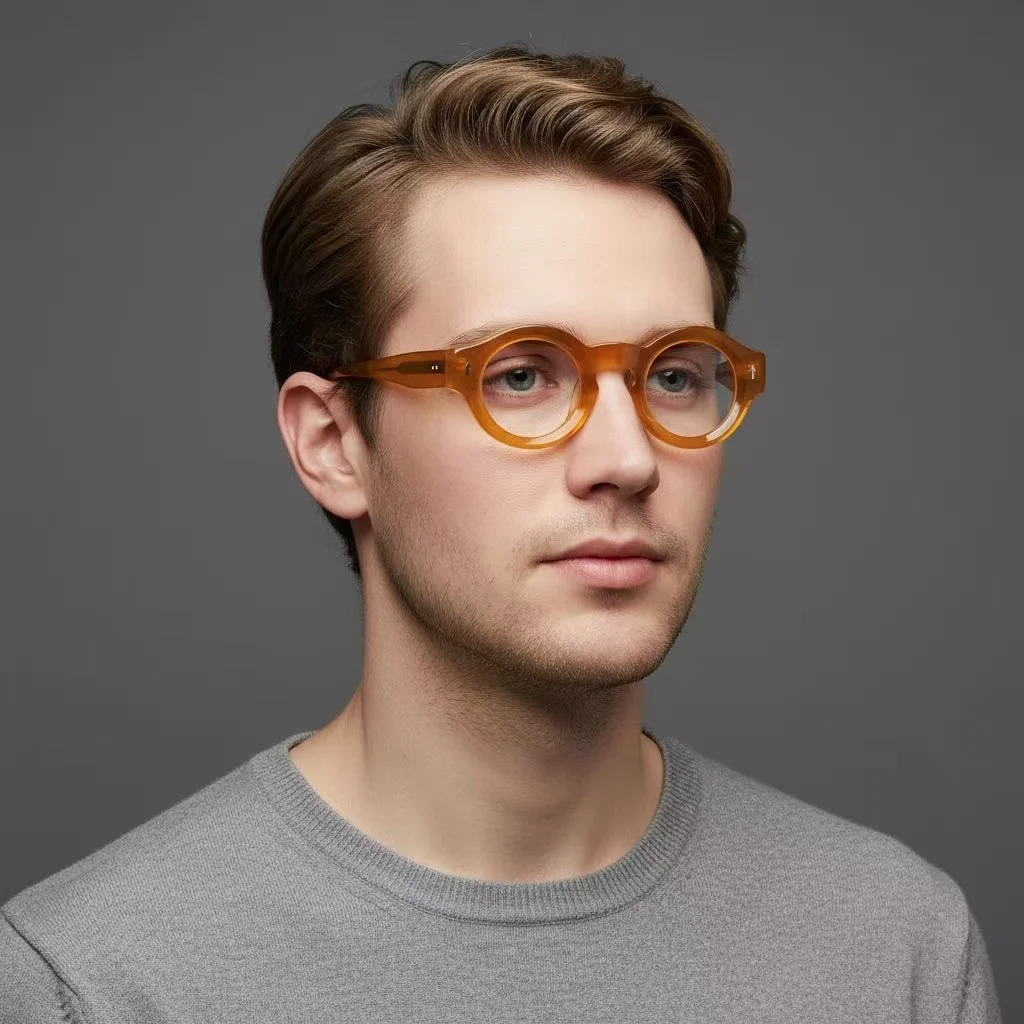 Acetate Round Retro Orange Eyeglasses Frames Recessed Men Women Fashion Glasses